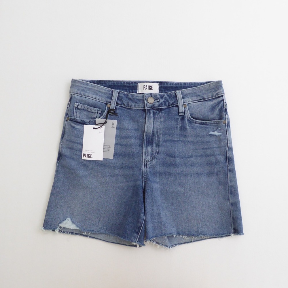 PAIGE Women Shorts Blue Sarah Longline Raw Hem Distressed 30